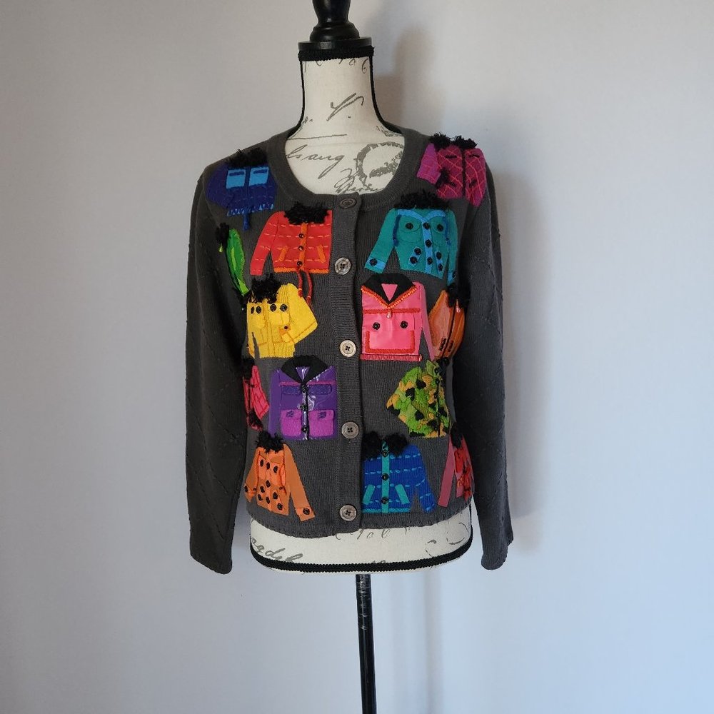 Michael Simon Bead Felt Vinyl Embellished Cardigan Button Cotton Blend Grey - Picture 2 of 9
